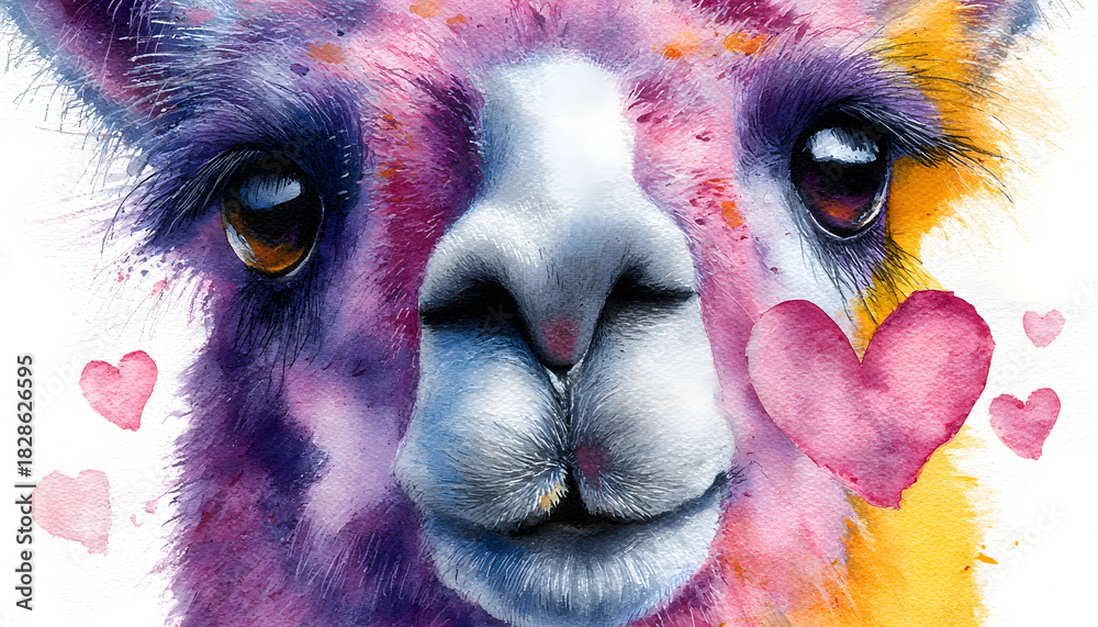 Fototapeta premium Cute watercolor llama gives heart . Clipart for romantic cards. Lovely animal illustration bestows affection. graphic resource ideal for heartfelt greeting invitation design printable