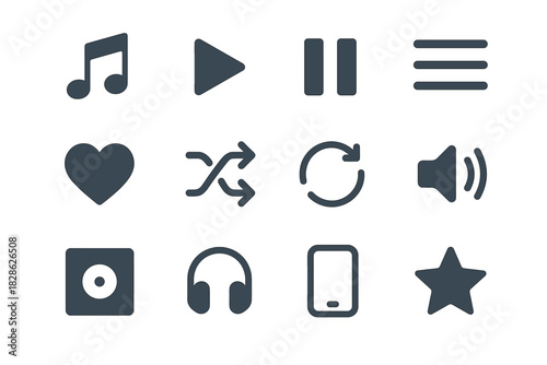 Music headphones button icon star pause heart playlist volume repeat note icons