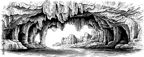 Engraved decorative illustration of rugged limestone cave formation