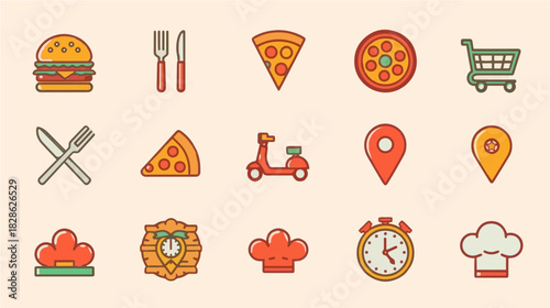 A rounded, cute vector style icon sheet for a food delivery application. Include icons for a burger, pizza slice, utensils (fork and knife), shopping cart/basket, delivery truck/scooter