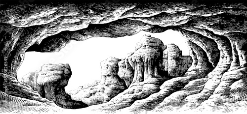 Engraved decorative illustration rugged cave limestone vintage ske
