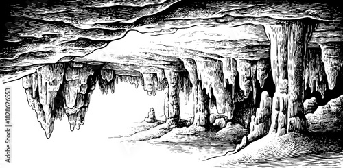 Intricate hand drawn engraving of rugged cave limestone for decorative design and print use