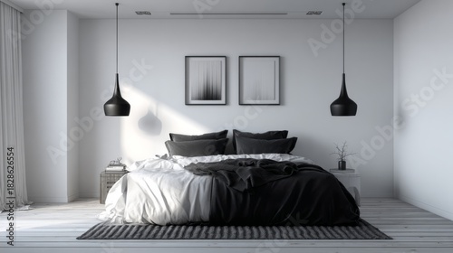 Modern minimalist bedroom design featuring black and white elements, stylish pendant lights, and elegant artwork for contemporary home decor inspiration