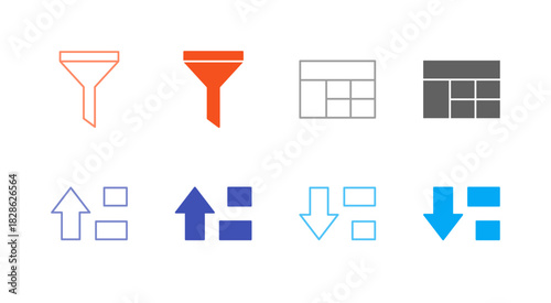 Flat Colored Filter and Sort Icon Set in Outline and Solid Style for Data Table and Organization