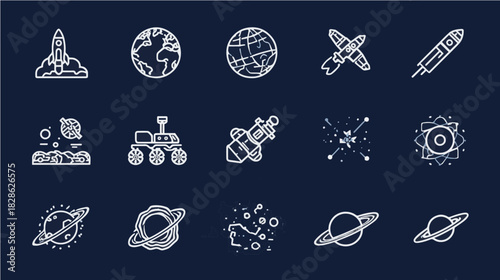illustrating space exploration and astronomical elements. Icons should include a rocket launch, planet Earth, Mars rover, satellite, telescope, shooting star, constellation, solar system