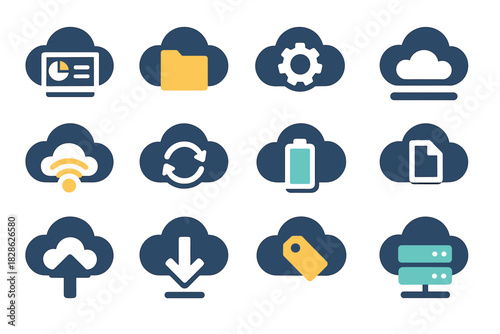 Management download server tag vector loop battery wifi icons file cloud gear