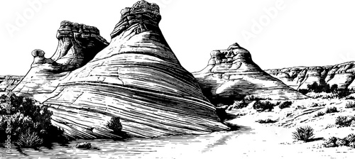 Hand drawn illustration of sediment dome formations in a desert landscape - design for posters and labels