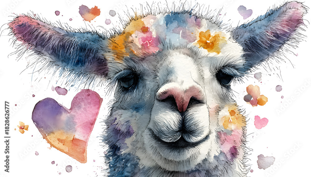 Fototapeta premium Cute watercolor llama gives heart . Clipart for romantic cards. Lovely animal illustration bestows affection. graphic resource ideal for heartfelt greeting invitation design printable