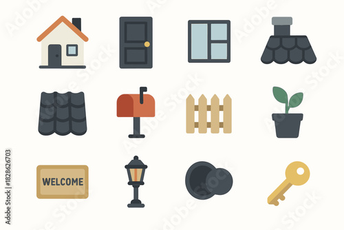 Facade chimney mat home plant vector mailbox window icon potted minimal garden