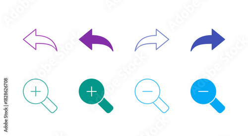 Flat Colored History and Zoom Icon Set in Outline and Solid Style for View Control and Revision Functions