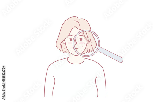 Unhappy woman with acne on face under magnifying glass. Upset young female suffer from skincare problems. Dermatology and cosmetology. Vector illustration.
