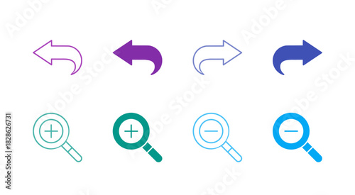Flat Colored History and Zoom Icon Set in Outline and Solid Style for View Control and Revision Functions