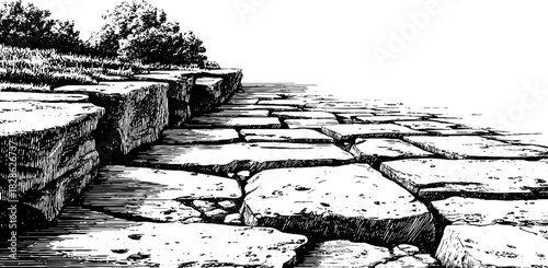 Engraved decorative illustration of smoothed granite cobbles pathway in nature