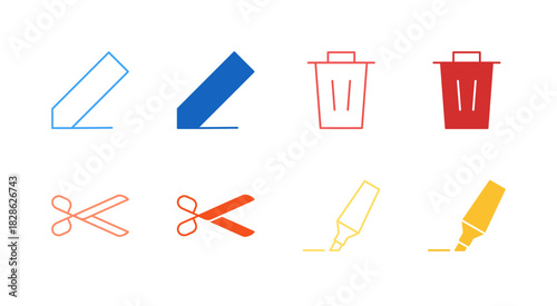 Flat Colored Editing Tool Icon Set in Outline and Solid Style for Content Modification and Deletion
