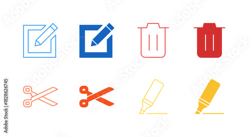 Flat Colored Editing Tool Icon Set in Outline and Solid Style for Content Modification and Deletion