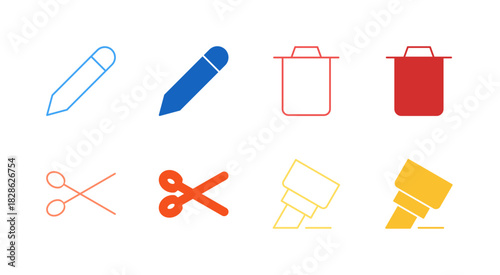 Flat Colored Editing Tool Icon Set in Outline and Solid Style for Content Modification and Deletion