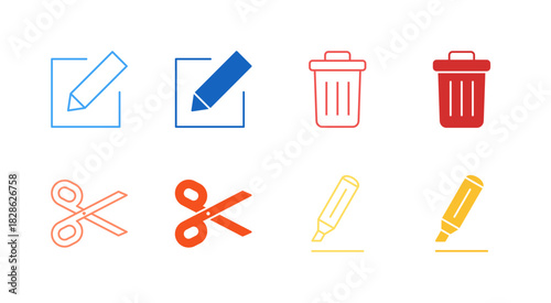 Flat Colored Editing Tool Icon Set in Outline and Solid Style for Content Modification and Deletion