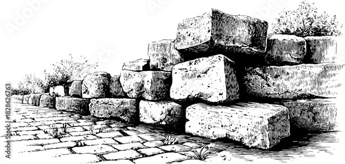 Engraved decorative illustration of smoothed granite cobbles for design and decor