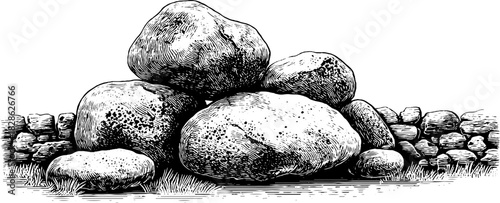 Engraved decorative illustration of smoothed granite cobbles for retro design projects