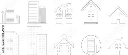 Minimalist Building line icons set with editable stroke, Modern City Skyline, Apartment, Cottage, Villa & Skyscraper Line Art Collection for Real Estate, Architecture, Construction
