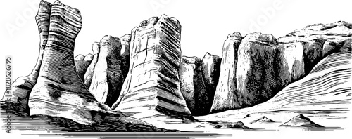 Vintage hand drawn illustration of stacked dune rock layers - geology and nature concept