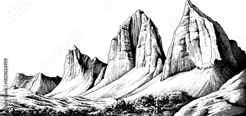 Engraved decorative illustration of steep shale stack formation in vintage style