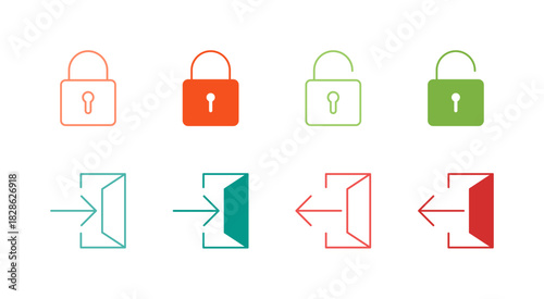 Flat Colored Lock and Access Icon Set in Outline and Solid Style for Security and Authentication