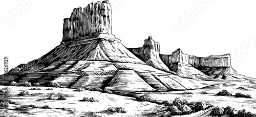 Engraved decorative illustration of steep shale stack formation in retro style for design use