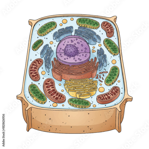 Detailed 2D flat graphic illustration of a complex biology plant cell structure, accurately depicting the nucleus, vacuole, and organelles for educational visualization on a white background.