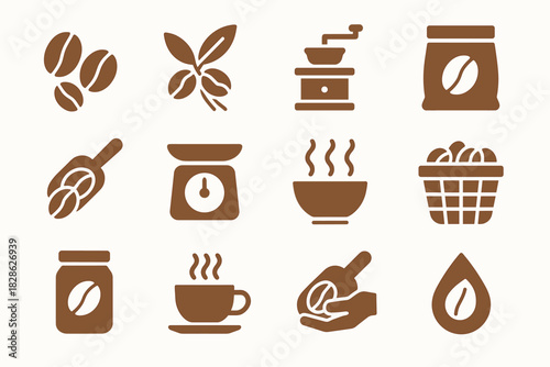 Coffee branch icons grinder scale leaf icon roasted cup collection steam spoon