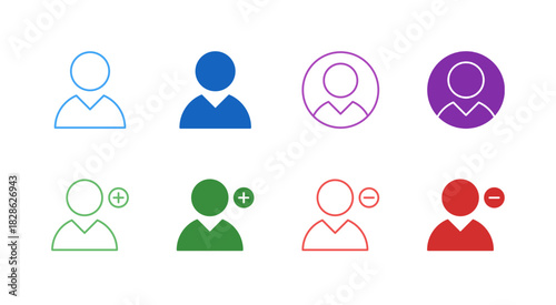 Flat Colored User and Profile Icon Set in Outline and Solid Style for Account Management and Membership