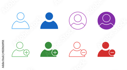 Flat Colored User and Profile Icon Set in Outline and Solid Style for Account Management and Membership