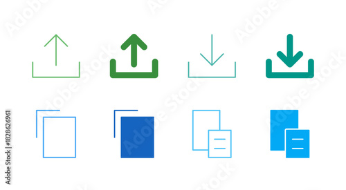 Flat Colored Data Transfer Icon Set in Outline and Solid Style for Cloud and Clipboard Functions