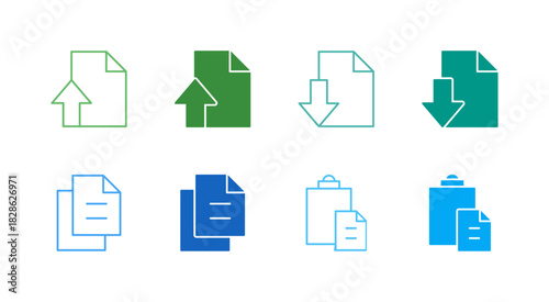 Flat Colored Data Transfer Icon Set in Outline and Solid Style for Cloud and Clipboard Functions