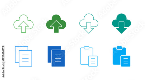 Flat Colored Data Transfer Icon Set in Outline and Solid Style for Cloud and Clipboard Functions