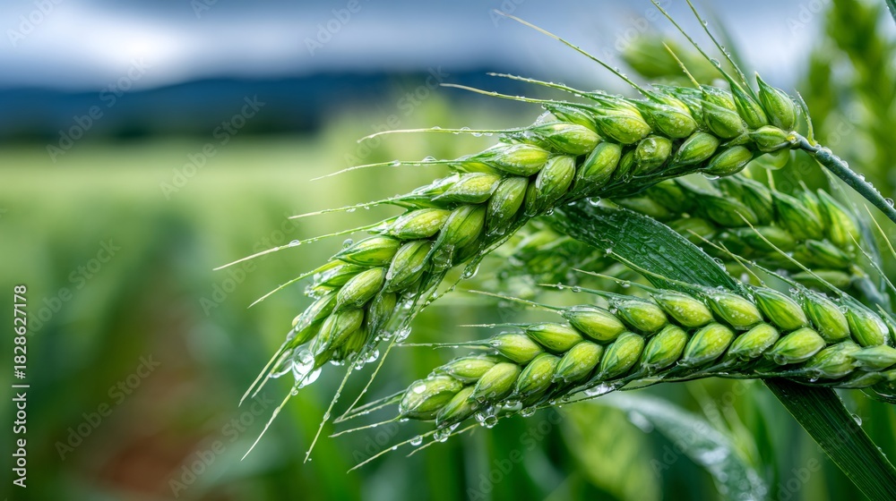 Naklejka premium Green wheat growing in agricultural field with raindrops