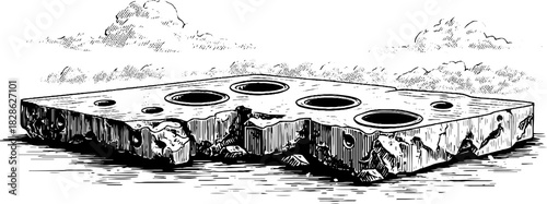 Weathered iron fastening decorative engraved plate illustration