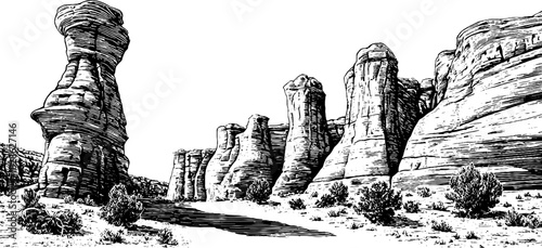 Engraved decorative illustration of wind eroded sandstone towers in desert landscape