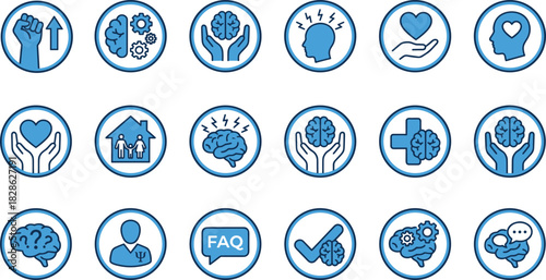 Mental Health and Psychology Icons Set: Brain Care, Well-being, Emotional Support, Stress Relief, Human Mind, Cognitive Development, and Psychiatric Help Flat Vector