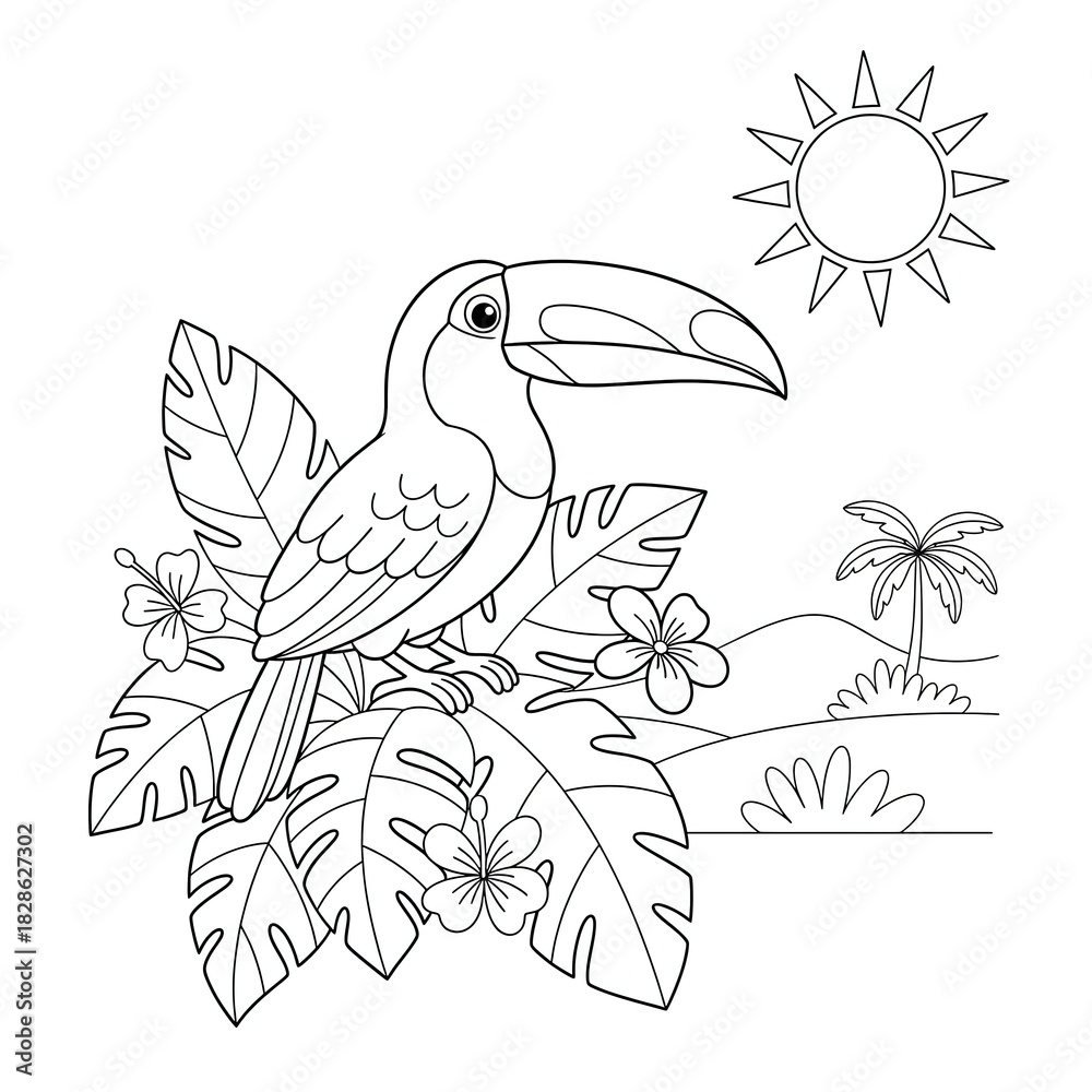 Obraz premium A black and white illustration of a toucan perched on tropical foliage under a sunny sky