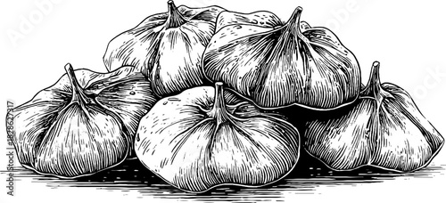 Vintage decorative engraving of wrinkled dehydrated plums for retro design projects