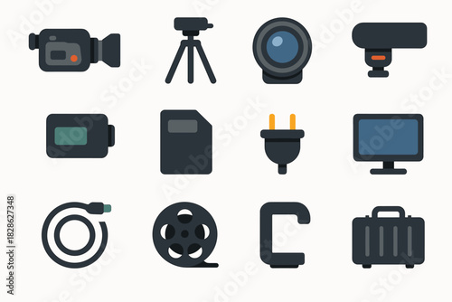 Icon card plug camcorder camera video lens vector handle battery tripod monitor