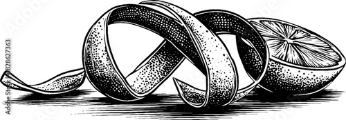 Vintage engraved illustration of wrinkled dried lemon peel for retro design