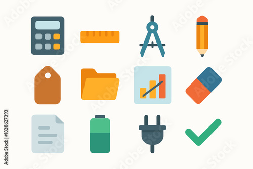 Calculator document tools pencil math folder vector icons chart ruler tag checkmark