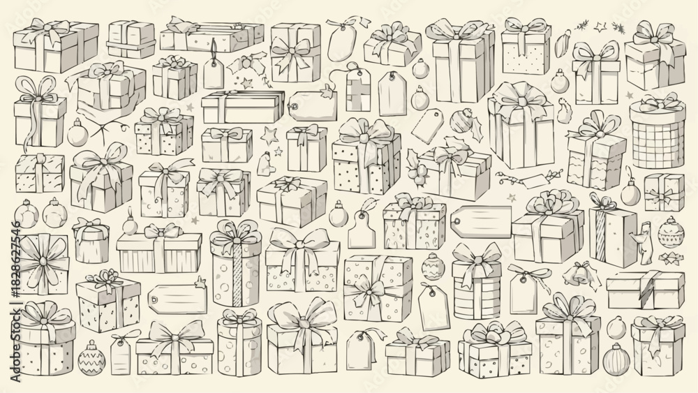 Fototapeta premium Assortment of hand drawn christmas gift boxes with bows and tags in a sketch style illustration