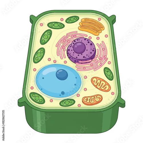 Vector illustration of the detailed plant cell internal structure, featuring 2D flat style diagrams of the nucleus, cytoplasm, cell wall, and various organelles, isolated on a bright white background.