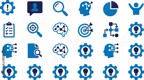 Strategy analysis innovation problem-solving research data business development management intelligence target solution planning process optimization workflow icons set vector