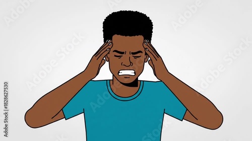 Illustration of a young man experiencing a headache or severe stress, with hands on temples and eyes closed