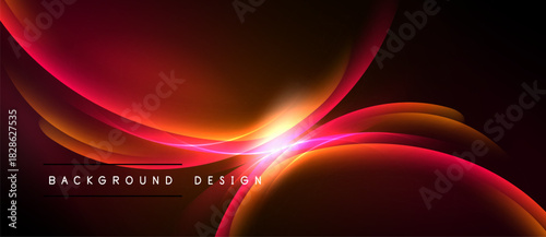 Abstract design features flowing red, orange curves. Bright light emanates from center, creating dynamic visual effect. Dark background enhances contrast.