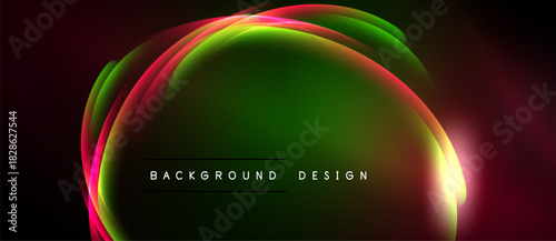 Abstract flowing shapes, vibrant colors blend. Dark background emphasizes luminous curves, creating dynamic visual effect. Modern design element.